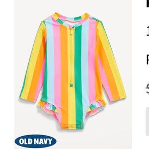 Printed Ruffle-Trim Rashguard One-Piece Swimsuit for Baby 12-18 M | Multi Stripe